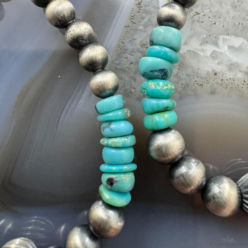Sterling 4-6.5mm Navajo Pearl Southwester Style&4mm Turquoise Bead Hoop Earrings - Picture 7 of 10